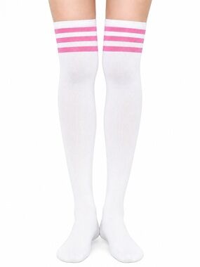 White & Pink Striped Thigh High Over the Knee Socks